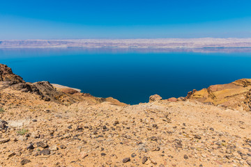 View from the Zara trail, near the Panorama Dead Sea Complex in Jordan. Zara Cliff Walk offers stunning views of the Dead Sea coast.