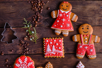 Christmas homemade gingerbread cookies on a dark background