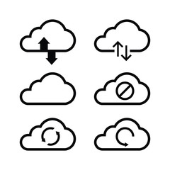 Vector illustration of cloud computing icon set, sign and symbol. Cloud upload, download, synchronization, connected, disconnected and refresh.