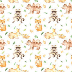 Watercolor seamless pattern with cute mother and baby fox, rabbits, bear, raccoon. Texture for wallpaper, packaging, paper, prints, fabric.