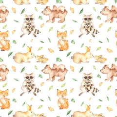 Fotobehang Aquarel naadloze patroon met schattige moeder en baby vos, konijnen, beer, wasbeer. Textuur voor behang, verpakking, papier, prints, stof. © MarinaErmakova