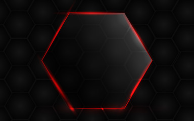Abstract black background with hexagon frame transparent glass effect a combination with light neon border. Layer layout space on for text and background design