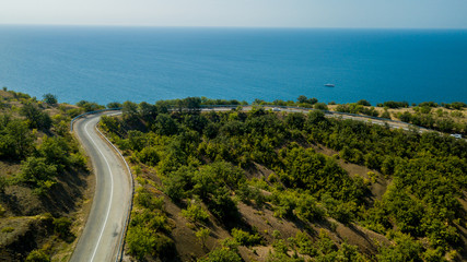 Crimea trip: view from drone of curvy mountain road