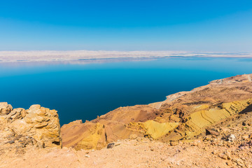 Views of the Dead Sea coast near the Panorama Dead Sea Complex in Jordan. 