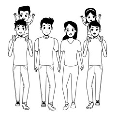 Family young parents with children cartoon in black and white