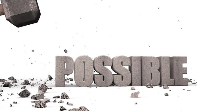 Sledgehammer smashing solid concrete impossible 3D construction sign cracked crushing into particles change to possible, isoalted on white background, 3D illustration animation.