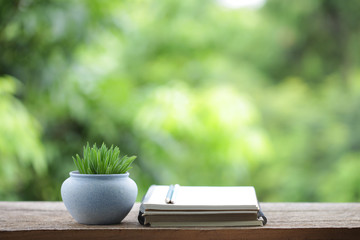 Diary notebook with pencil and blue plant pot on wooden table