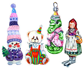 Watercolor set of Christmas toys on a Christmas tree on a white background.