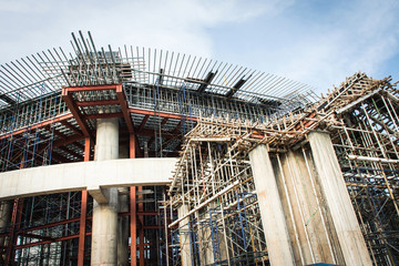  Scaffolding and steel in construction site.