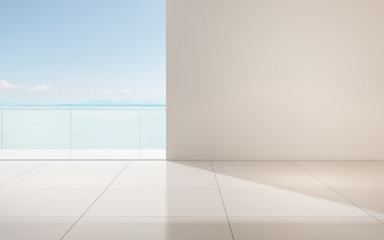 Fototapeta na wymiar Perspective of empty modern living room on sea view background,The sun light cast shadow on the marble tiles floor. - 3D rendering.