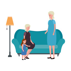 cute grandmothers with granddaughter in the sofa characters