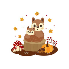 Autumn card with cute animal and autumn leaves and flowers.