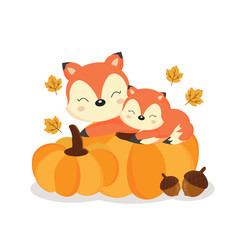 Cute foxes on pumkins in autumn.