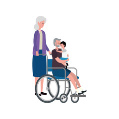 cute grandparents couple with grandson in wheelchair