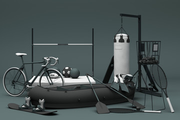 Sport equipments on black background. 3d rendering