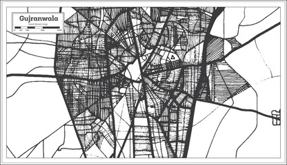 Gujranwala Pakistan City Map in Retro Style in Black and White Color. Outline Map.