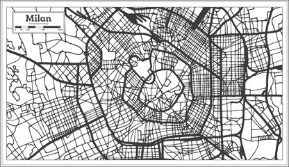 Milan Italy City Map in Retro Style in Black and White Color. Outline Map.