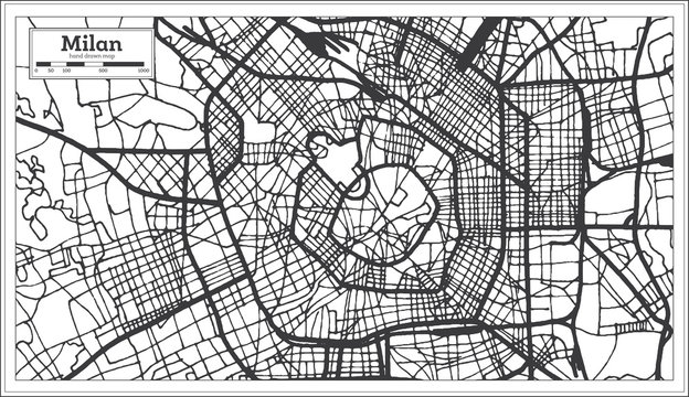 Milan Italy City Map in Retro Style in Black and White Color. Outline Map.
