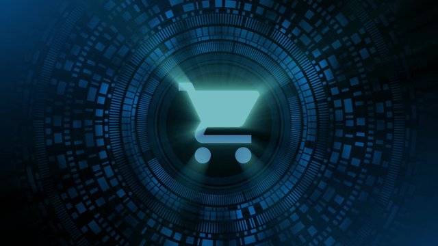 business man hand hologram hud projection shopping cart icon