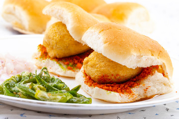Indian Famous Street Food Vada Pav Also Know as Vada Paav, Wada Pav or Wada Pao is a Vegetarian Fast Food Dish From Maharashtra