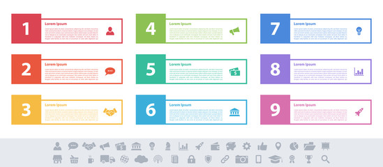 Infographic design business concept vector illustration with 9 steps or options or processes represent work flow or diagram or web button banner