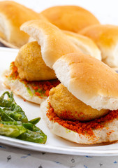Indian Famous Street Food Vada Pav Also Know as Vada Paav, Wada Pav or Wada Pao is a Vegetarian Fast Food Dish From Maharashtra