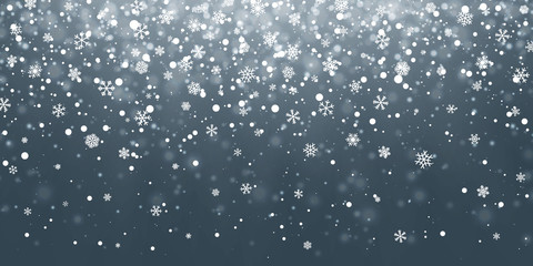 Christmas snow. Falling snowflakes on blue background. Snowfall. Vector illustration