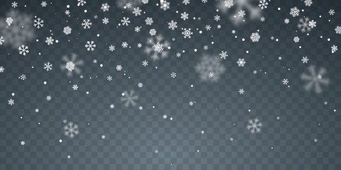 Christmas snow. Falling snowflakes on blue background. Snowfall. Vector illustration