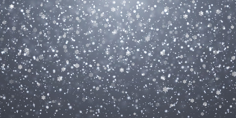 Fototapeta premium Christmas snow. Falling snowflakes on blue background. Snowfall. Vector illustration