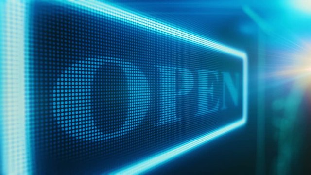 Open neon sign in cafe bar restaurant, led screen night open local pub scroller