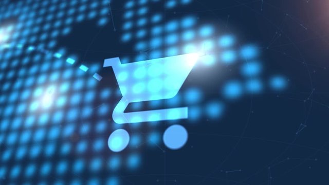 shopping cart icon animation blue digital world map technology background