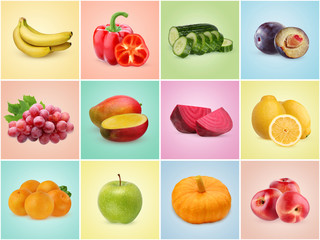 Vegetables and fruits on colorful backgrounds. Set of pictures, seamless background.