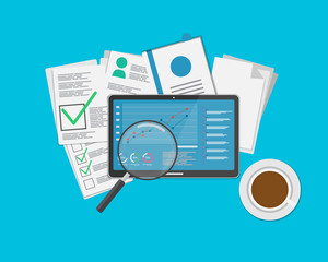 Obraz premium Document Information And Graph information Show on Screen. Find out for a business plan. And Coffee Break.