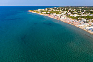 Fototapeta na wymiar Aerial view, public beach by the sea, Spiaggiabella Beach,, Torre Rinalda, Lecce, Apulia, Italy