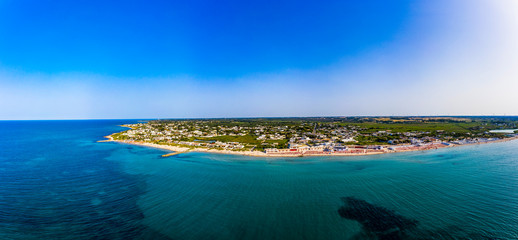 Aerial view, public beach by the sea, Spiaggiabella Beach,, Torre Rinalda, Lecce, Apulia, Italy