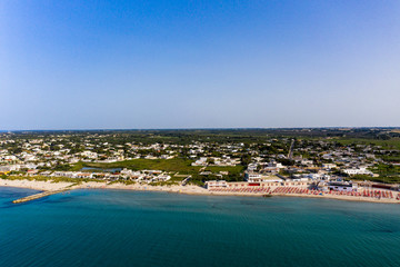 Fototapeta na wymiar Aerial view, public beach by the sea, Spiaggiabella Beach,, Torre Rinalda, Lecce, Apulia, Italy