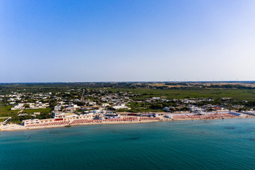 Aerial view, public beach by the sea, Spiaggiabella Beach,, Torre Rinalda, Lecce, Apulia, Italy