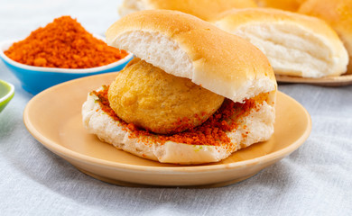 Indian Famous Street Food Vada Pav Also Know as Vada Paav, Wada Pav or Wada Pao is a Vegetarian...