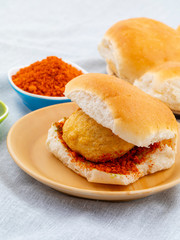 Indian Famous Street Food Vada Pav Also Know as Vada Paav, Wada Pav or Wada Pao is a Vegetarian Fast Food Dish From Maharashtra