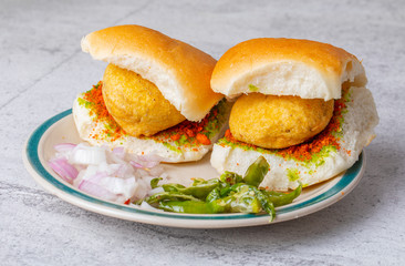 Indian Famous Street Food Vada Pav Also Know as Vada Paav, Wada Pav or Wada Pao is a Vegetarian Fast Food Dish From Maharashtra