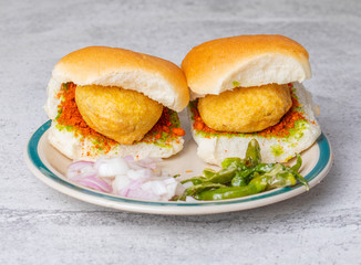 Indian Famous Street Food Vada Pav Also Know as Vada Paav, Wada Pav or Wada Pao is a Vegetarian Fast Food Dish From Maharashtra