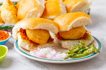 Indian Famous Street Food Vada Pav Also Know as Vada Paav, Wada Pav or Wada Pao is a Vegetarian Fast Food Dish From Maharashtra
