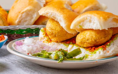 Indian Famous Street Food Vada Pav Also Know as Vada Paav, Wada Pav or Wada Pao is a Vegetarian Fast Food Dish From Maharashtra