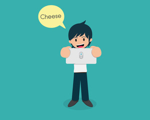 Man Holding Smart Phone And Take a photo. Say Cheese.