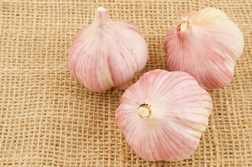 Full cloves of garlic on hessian background