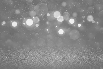 wonderful shiny glitter lights defocused bokeh abstract background with falling snow flakes fly, celebratory mockup texture with blank space for your content