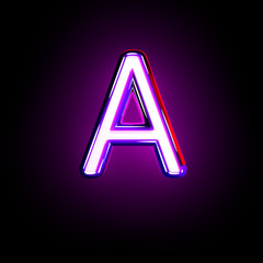 Purple glow neon font - letter A isolated on black background, 3D illustration of symbols