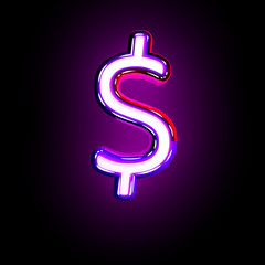 Purple glow neon alphabet - dollar - peso sign isolated on black background, 3D illustration of symbols