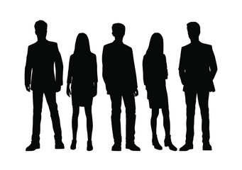 Vector silhouettes of  men and a women, a group of standing business people, black color isolated on white background