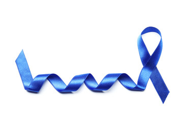 Blue ribbon on white background. Colon cancer awareness concept